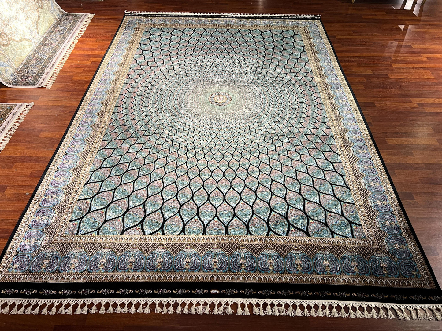 8x11 ft Turquoise Silk Rug, Luxury Large Area Rug, Elegant Geometric Living Room Rug, Classic Decorative Soft Carpet