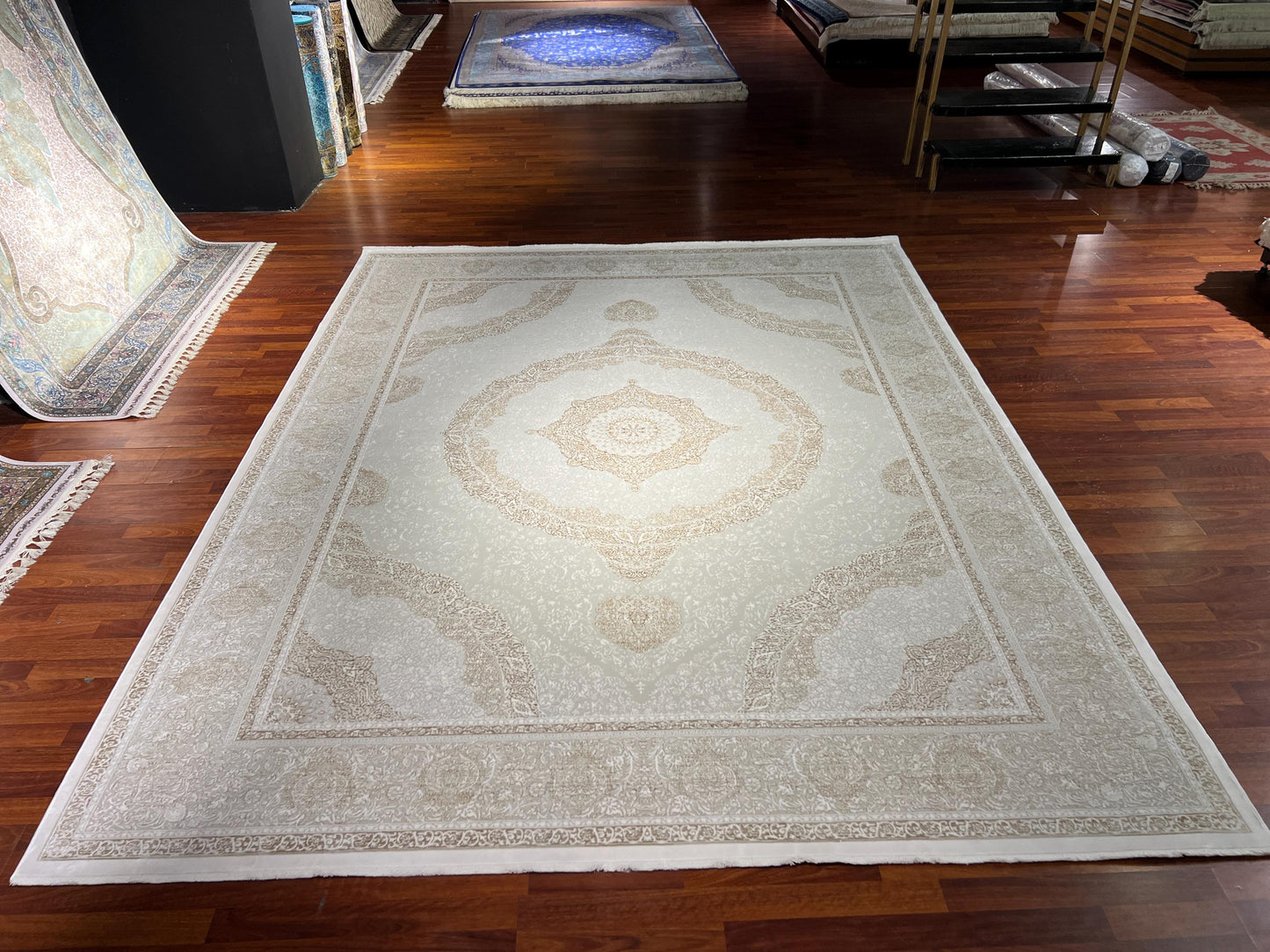 8x11 ft Beige Bamboo Rug, Luxury Large Area Rug, Elegant Medallion Living Room Rug, Soft Classic Decorative Carpet