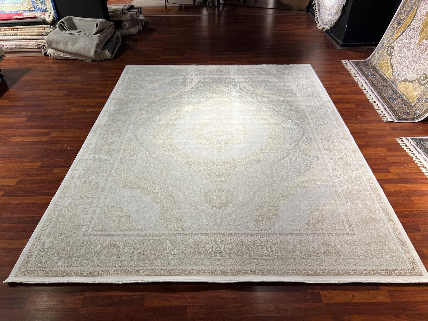 8x11 ft Beige Bamboo Rug, Luxury Large Area Rug, Elegant Medallion Living Room Rug, Soft Classic Decorative Carpet