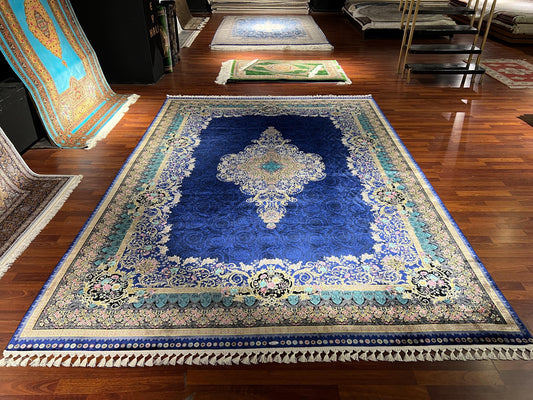 8x11 ft Blue Silk Rug, Luxury Large Area Rug, Elegant Traditional Living Room Rug, Floral Medallion Decorative Carpet