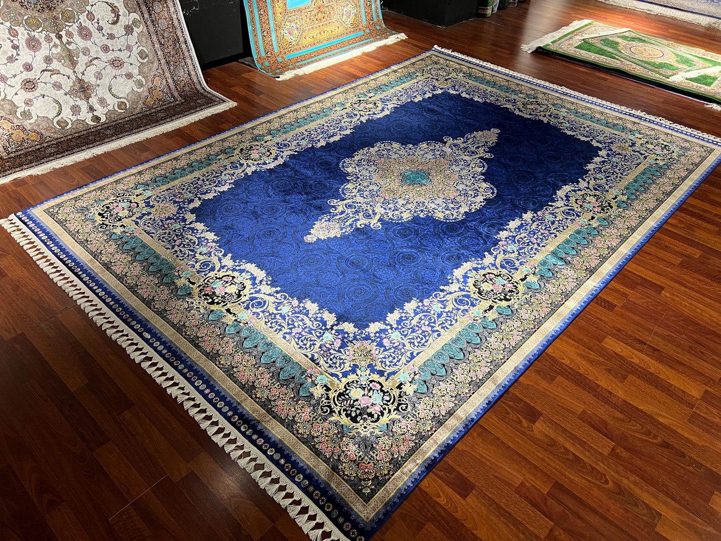 8x11 ft Blue Silk Rug, Luxury Large Area Rug, Elegant Traditional Living Room Rug, Floral Medallion Decorative Carpet