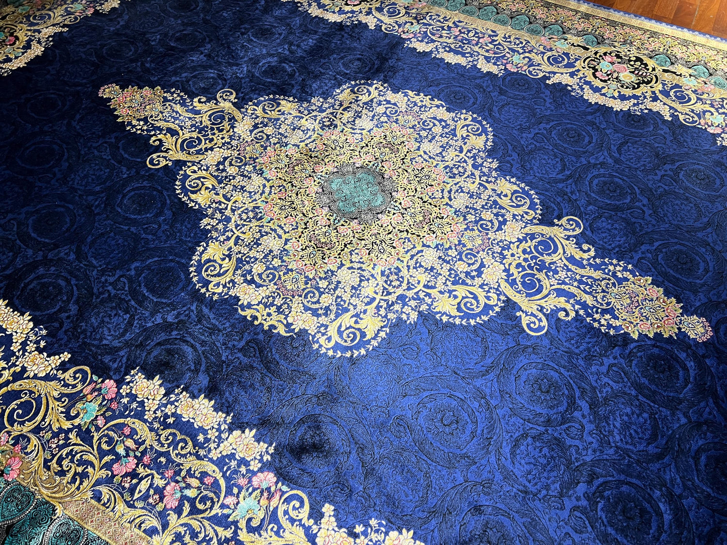 8x11 ft Blue Silk Rug, Luxury Large Area Rug, Elegant Traditional Living Room Rug, Floral Medallion Decorative Carpet
