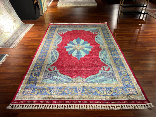 8x11 ft Red Blue Silk Rug, Luxury Large Area Rug, Traditional Medallion Living Room Rug, Elegant Decorative Carpet