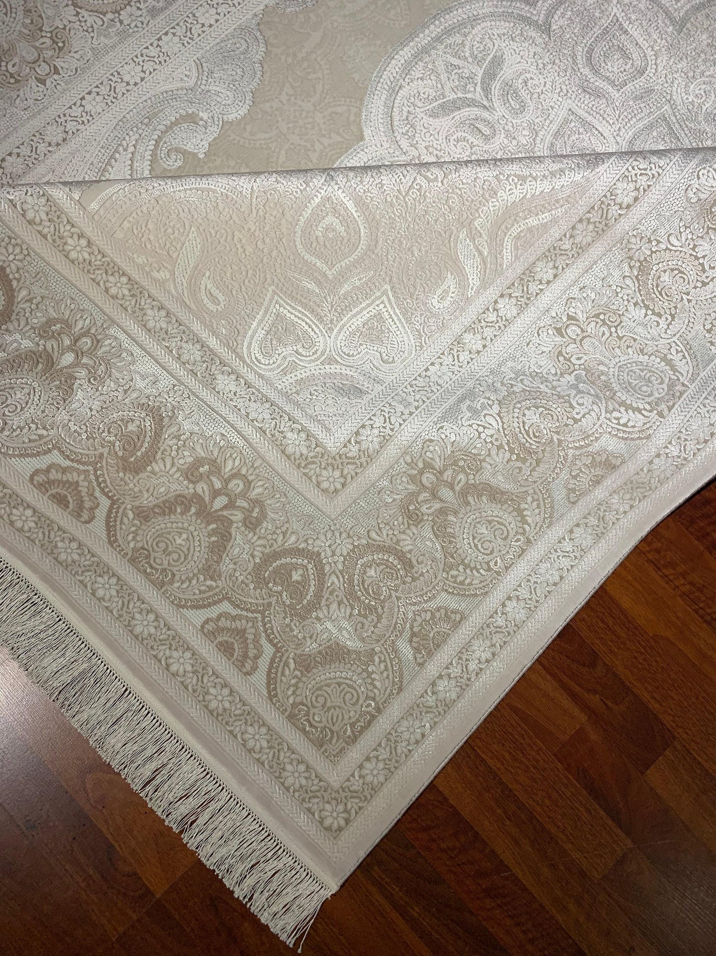 8x11 ft Beige Bamboo Rug, Luxury Large Area Rug, Elegant Medallion Living Room Rug, Soft Neutral Decorative Carpet