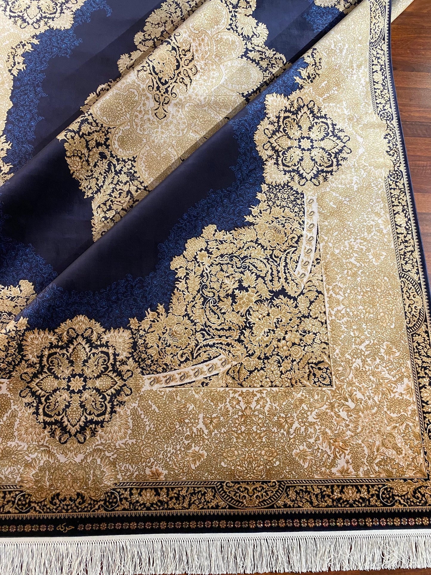 7x10 ft Blue Gold Silk Rug, Luxury Large Area Rug, Classic Medallion Living Room Rug, Elegant Decorative Carpet