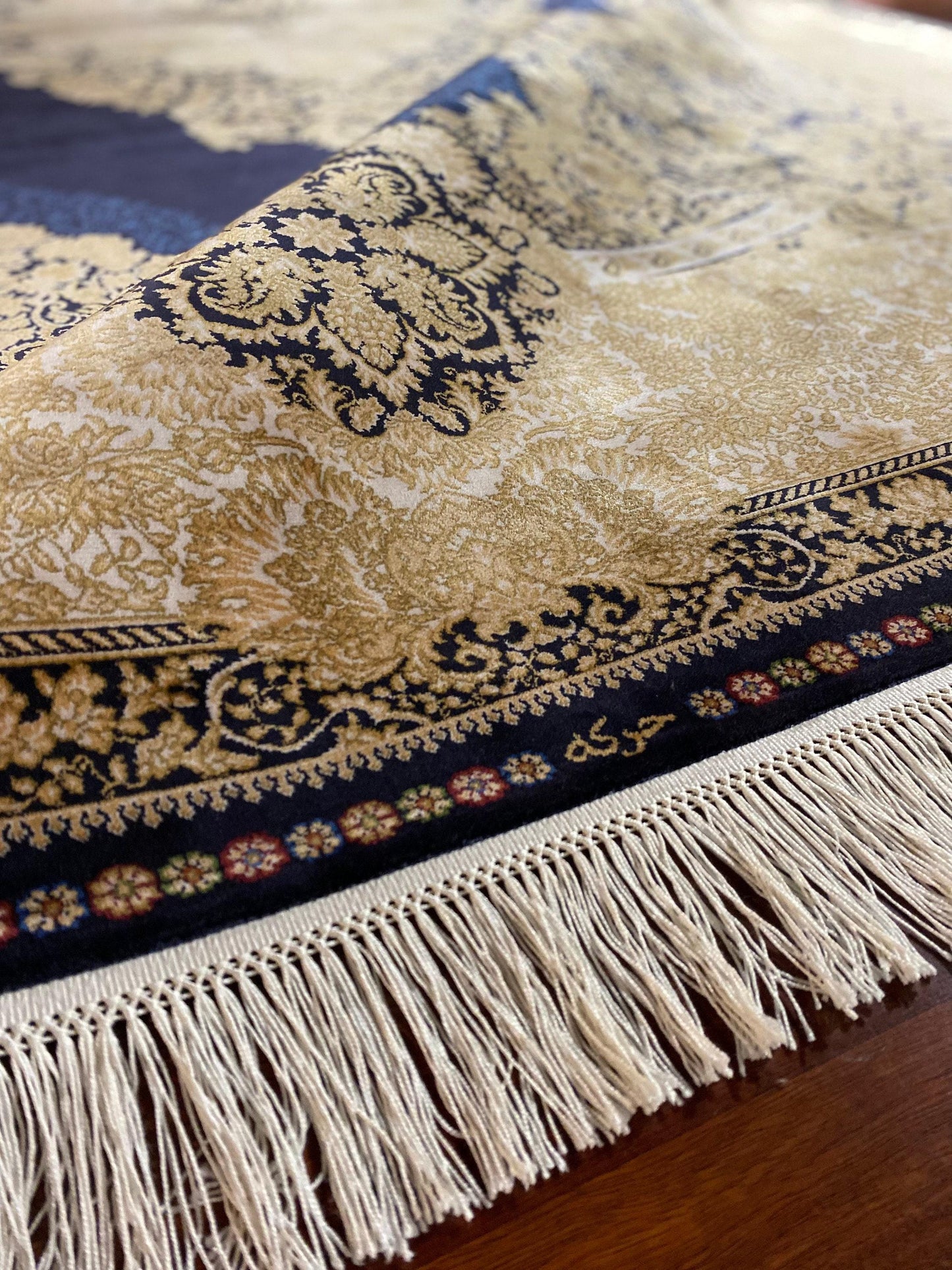 7x10 ft Blue Gold Silk Rug, Luxury Large Area Rug, Classic Medallion Living Room Rug, Elegant Decorative Carpet