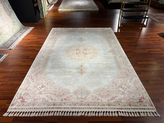 7x10 ft Beige Silk Rug, Luxury Large Area Rug, Elegant Medallion Living Room Rug, Soft Classic Decorative Carpet