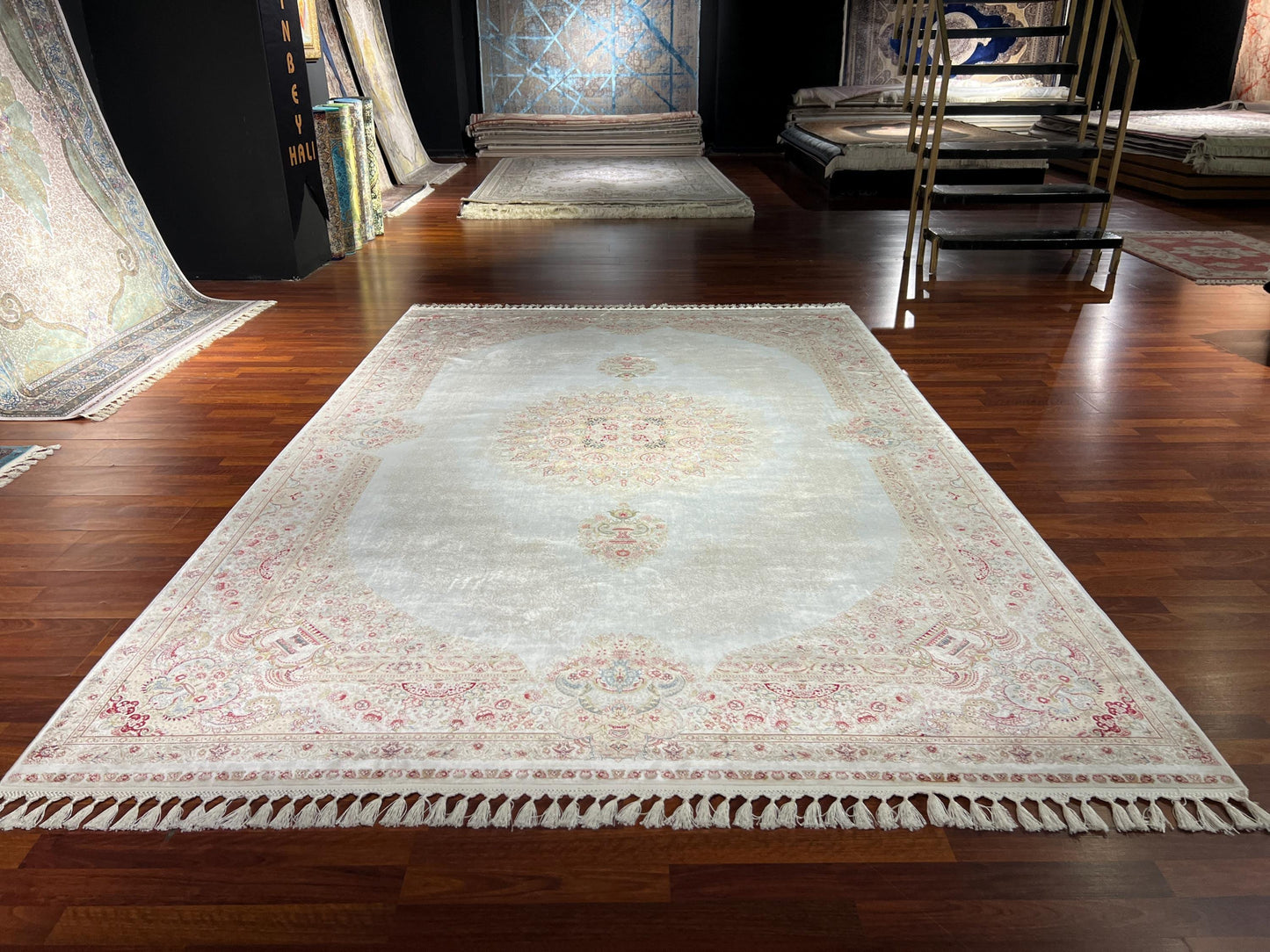 7x10 ft Beige Silk Rug, Luxury Large Area Rug, Elegant Medallion Living Room Rug, Soft Classic Decorative Carpet