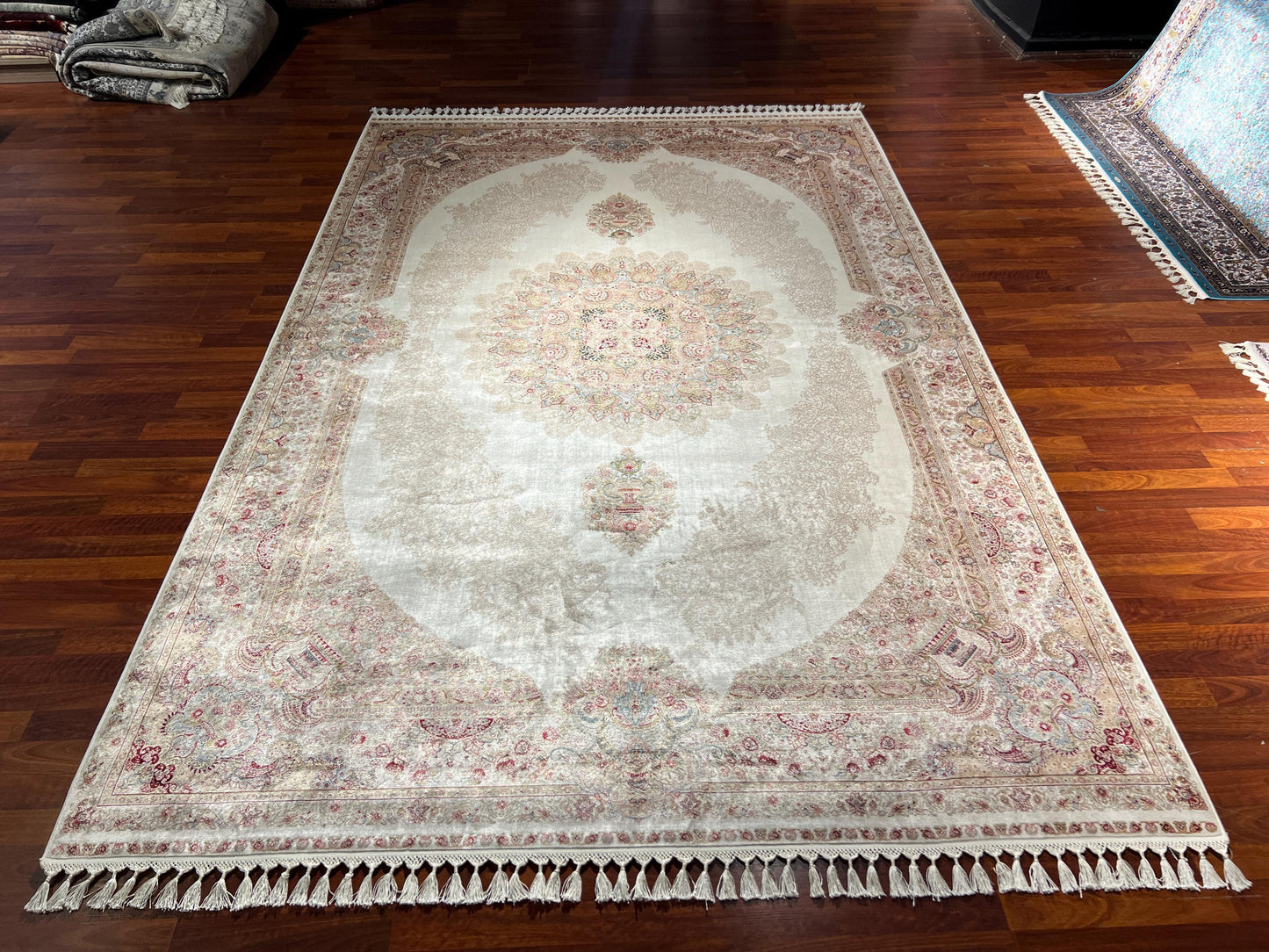 7x10 ft Beige Silk Rug, Luxury Large Area Rug, Elegant Medallion Living Room Rug, Soft Classic Decorative Carpet