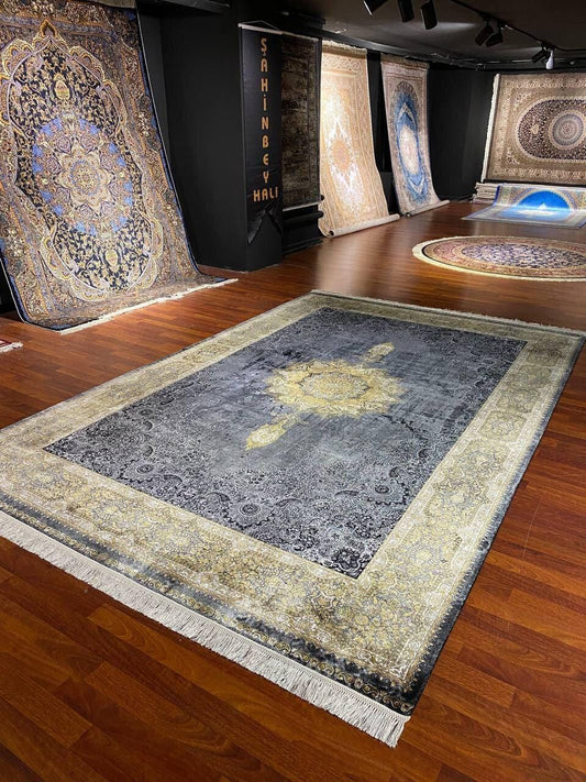 7x10 ft Gray Gold Silk Rug, Luxury Large Area Rug, Vintage Medallion Living Room Rug, Elegant Decorative Carpet