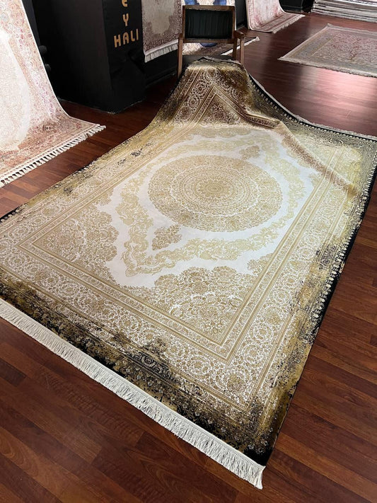 7x10 ft Gold Beige Silk Rug, Luxury Large Area Rug, Elegant Medallion Living Room Rug, Vintage Decorative Carpet