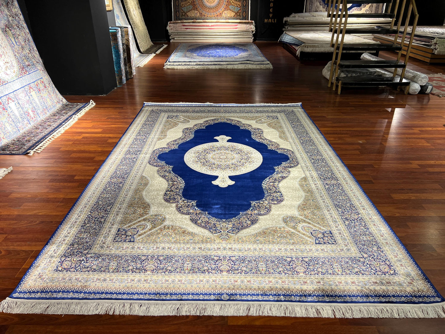 7x10 ft Beige Blue Silk Rug, Luxury Large Area Rug, Elegant Medallion Living Room Rug, Classic Decorative Palace Carpet