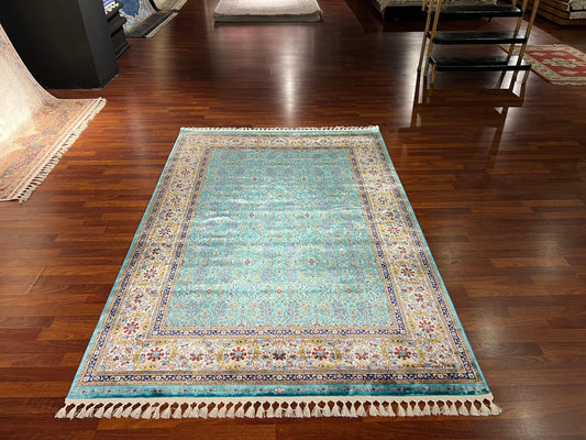 5x8 Blue Modal Silk Rug, Luxury Living Room Area Rug, Elegant Floral Pattern Carpet, Soft Decorative Home Decor