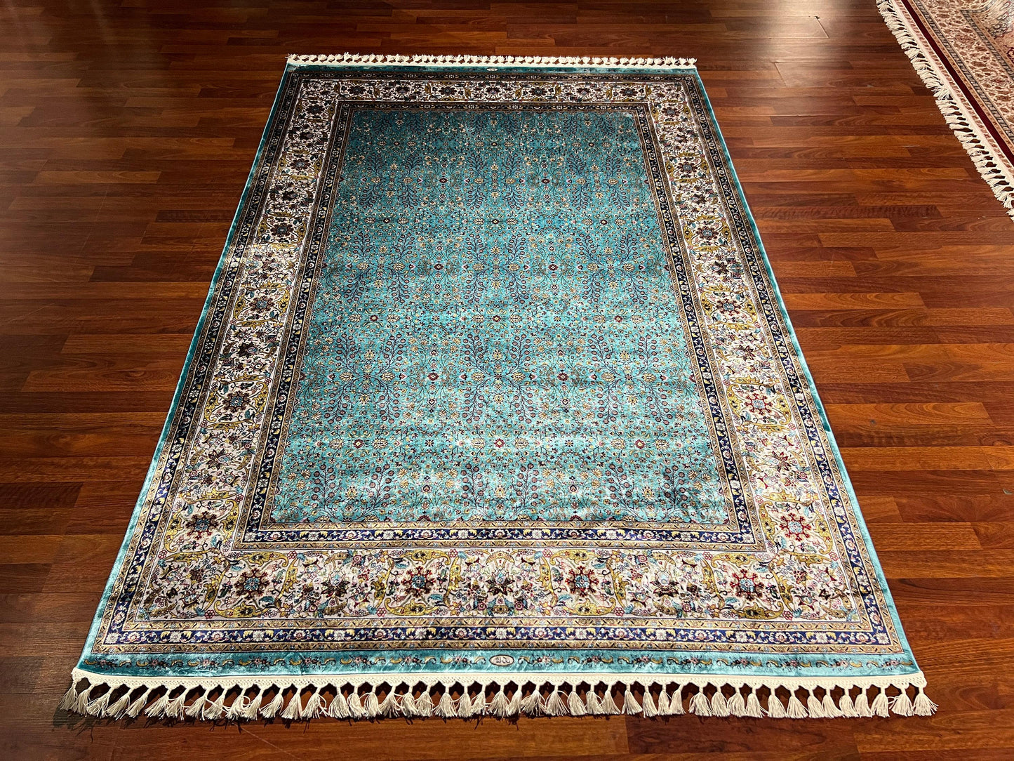5x8 Blue Modal Silk Rug, Luxury Living Room Area Rug, Elegant Floral Pattern Carpet, Soft Decorative Home Decor