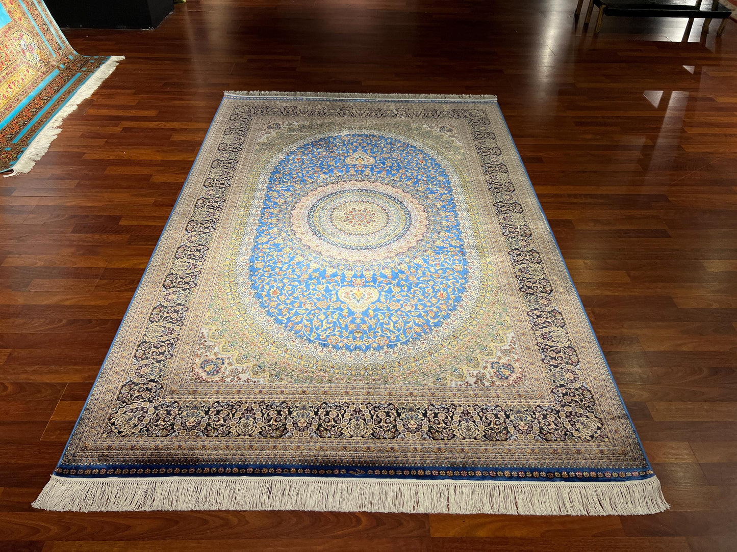 5x8 Blue Medallion Bamboo Silk Rug, Luxury Living Room Area Carpet, Elegant Floral Pattern Home Decor