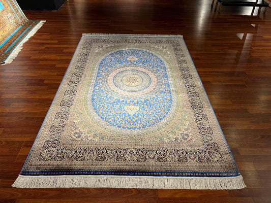 5x8 Blue Medallion Bamboo Silk Rug, Luxury Living Room Area Carpet, Elegant Floral Pattern Home Decor