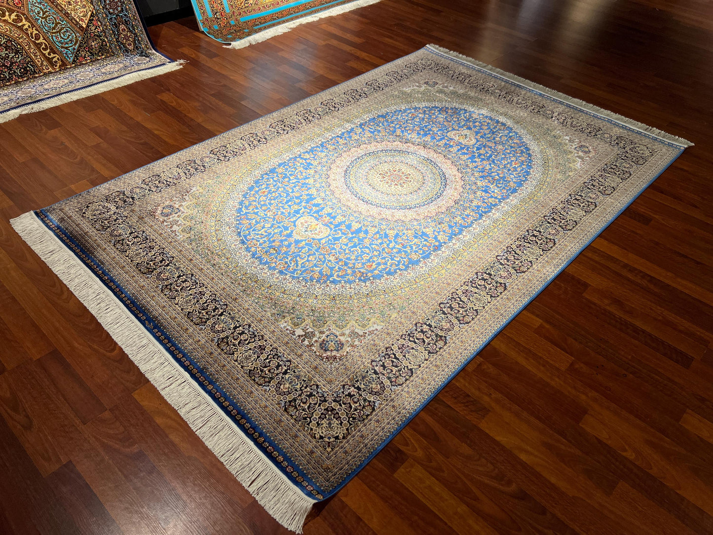 5x8 Blue Medallion Bamboo Silk Rug, Luxury Living Room Area Carpet, Elegant Floral Pattern Home Decor
