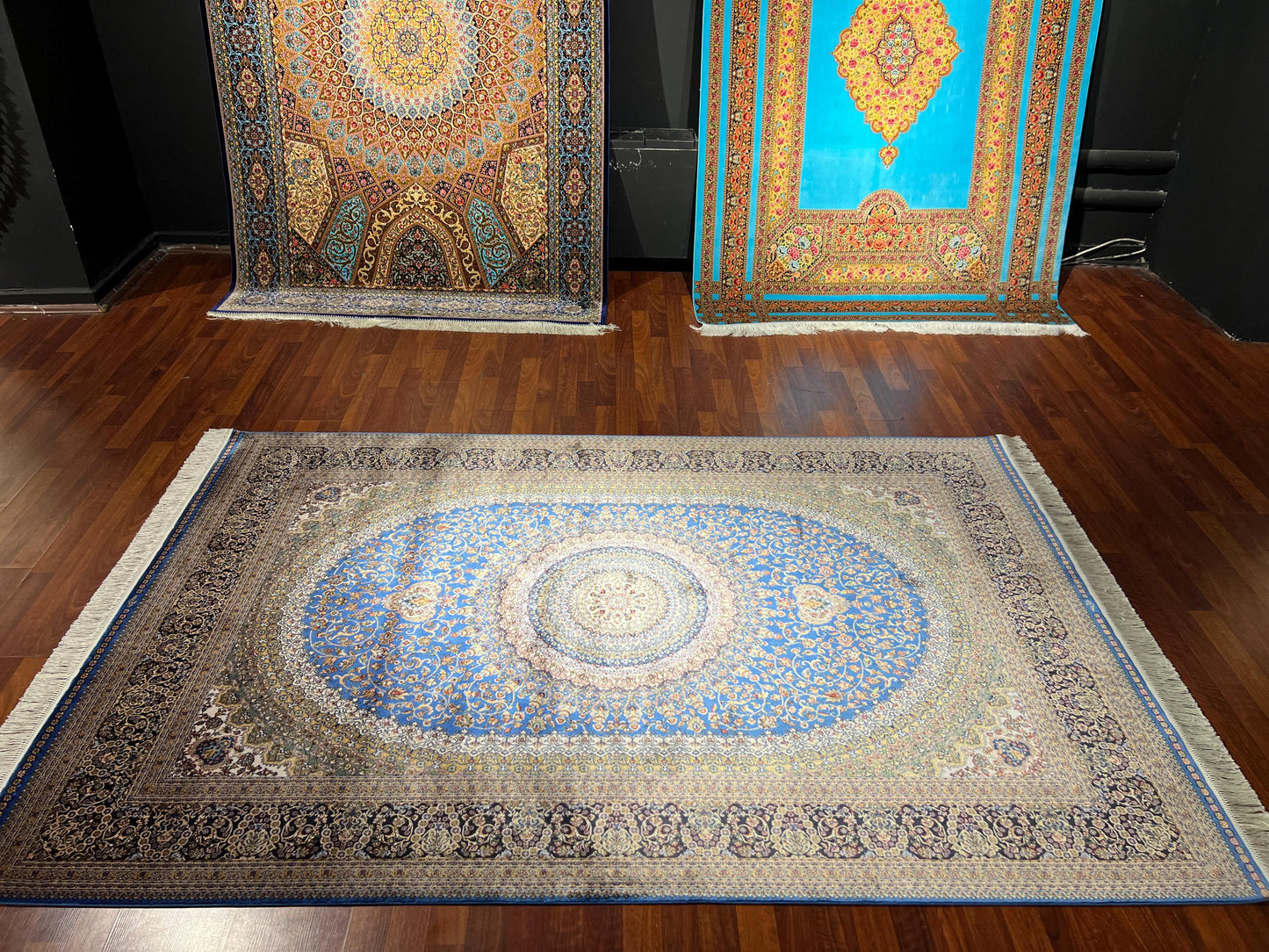 5x8 Blue Medallion Bamboo Silk Rug, Luxury Living Room Area Carpet, Elegant Floral Pattern Home Decor