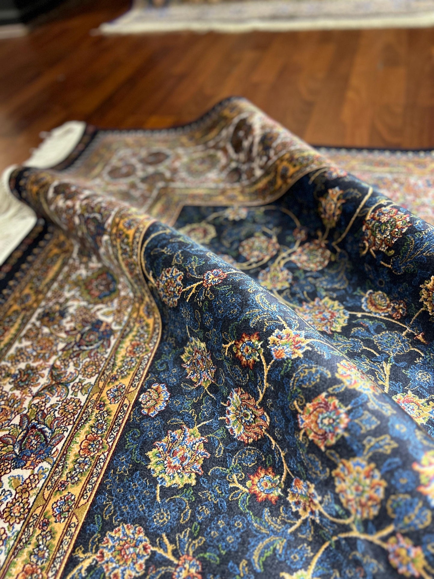 5x8 Navy Blue Bamboo Silk Rug, Luxury Floral Pattern Area Carpet, Elegant Living Room Home Decor