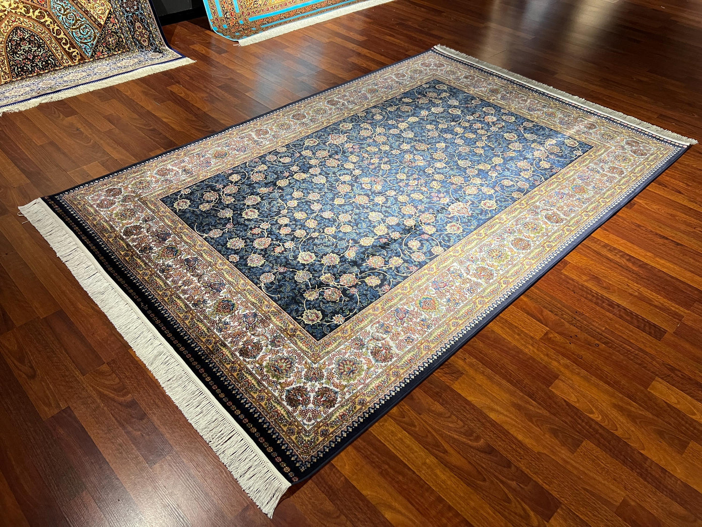 5x8 Navy Blue Bamboo Silk Rug, Luxury Floral Pattern Area Carpet, Elegant Living Room Home Decor
