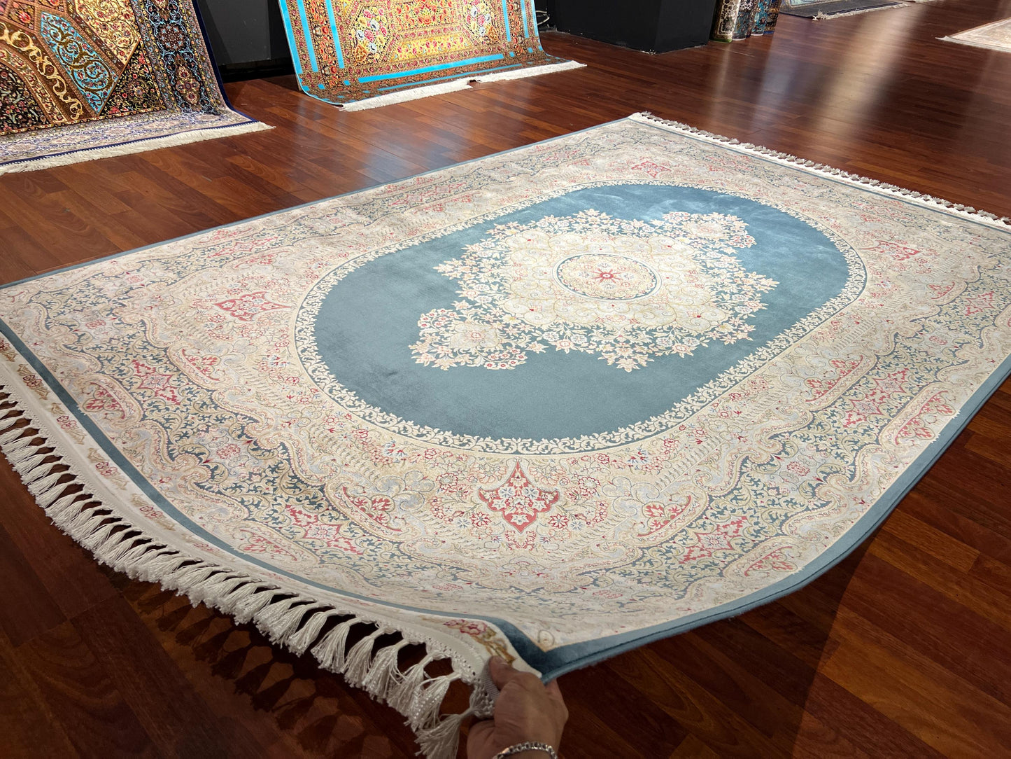 5x8 ft Blue Medallion Bamboo Silk Rug Luxury Floral Pattern Area Rug Elegant Classic Living Room Decor
