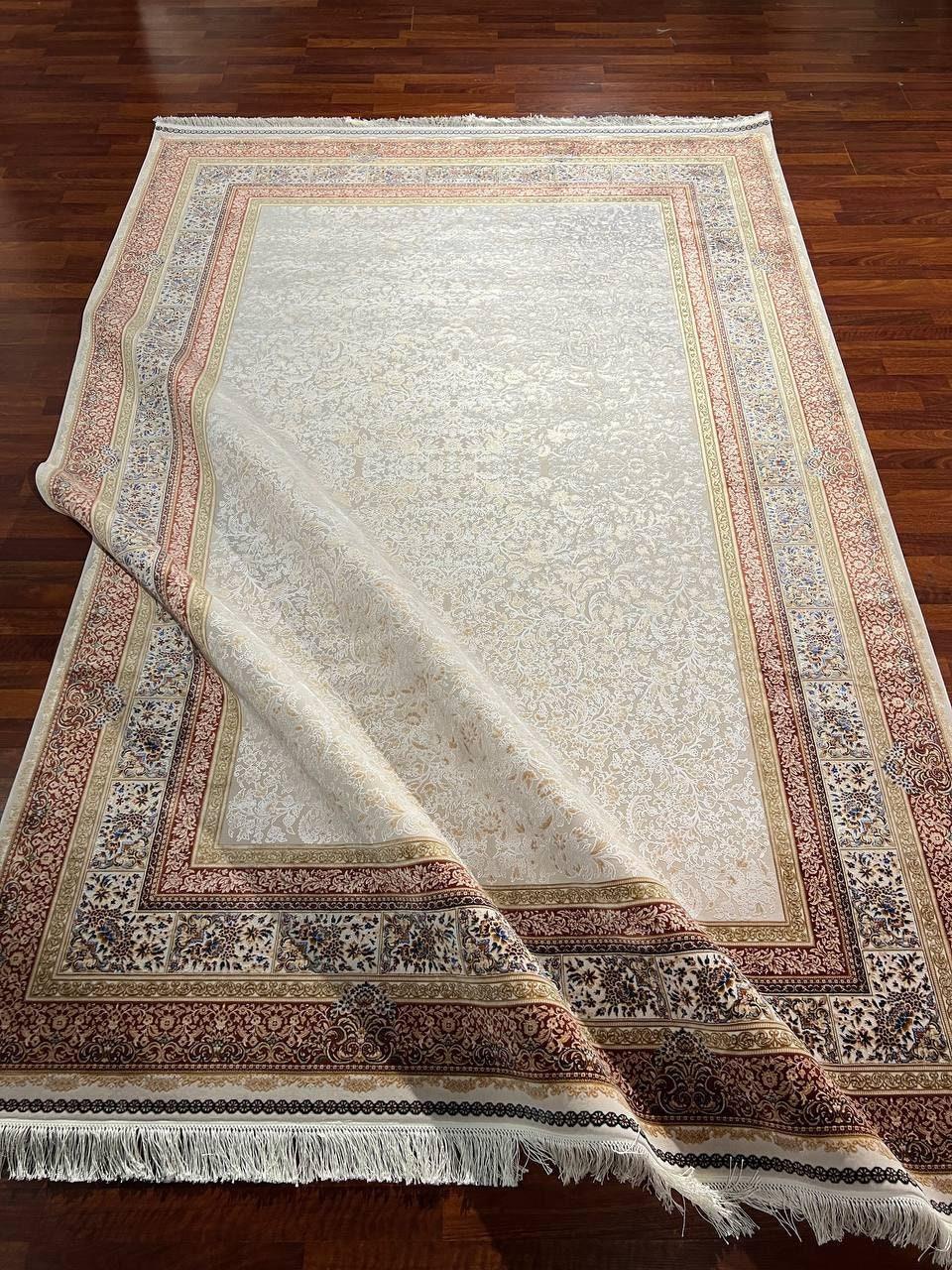 7x10 ft Beige Gold Silk Rug, Luxury Large Area Rug, Elegant Medallion Living Room Rug, Classic Decorative Palace Carpet