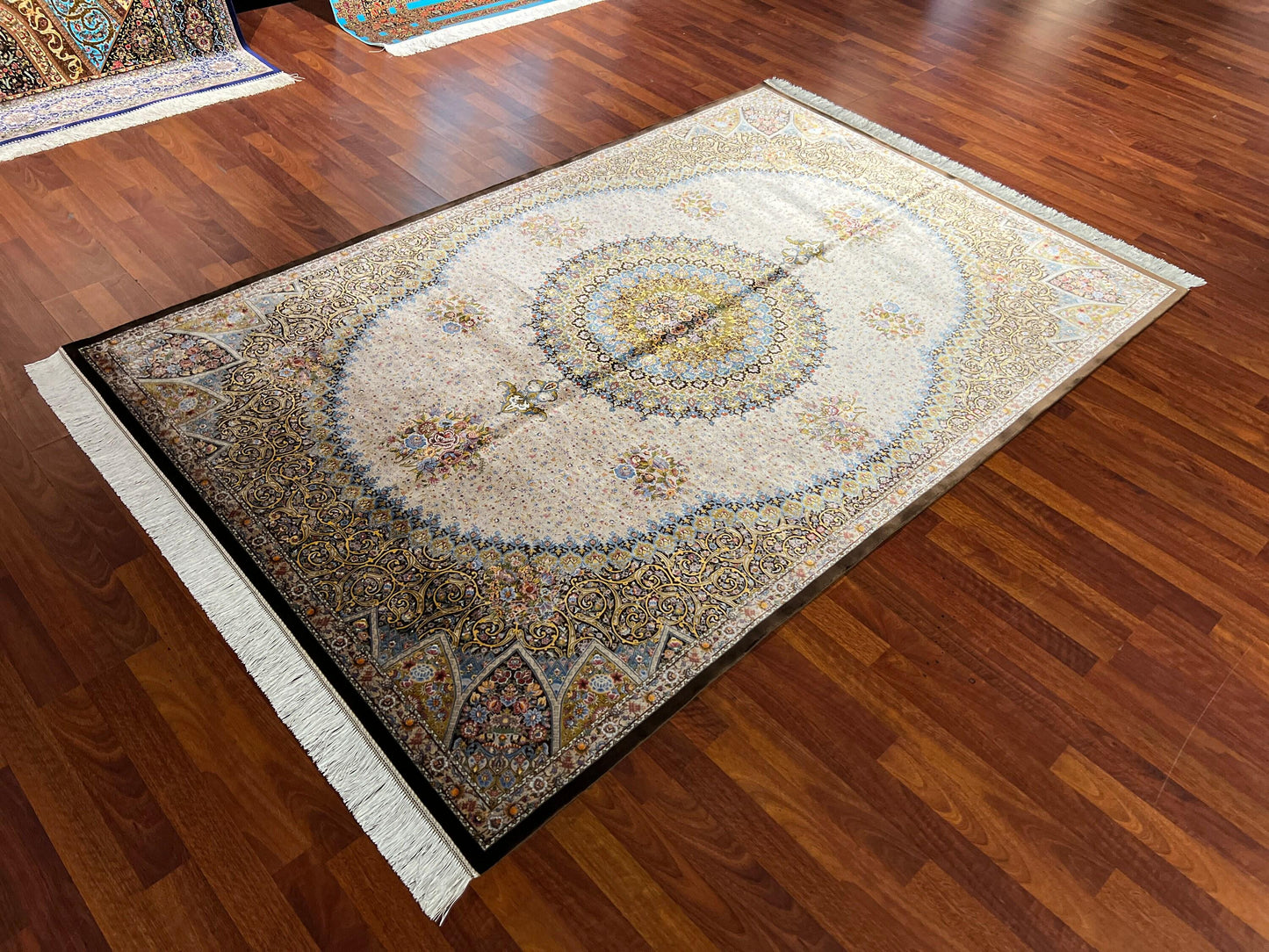 5x7 ft Beige Modal Silk Rug Luxury Classic Medallion Area Rug Elegant Living Room Home Decor Carpet