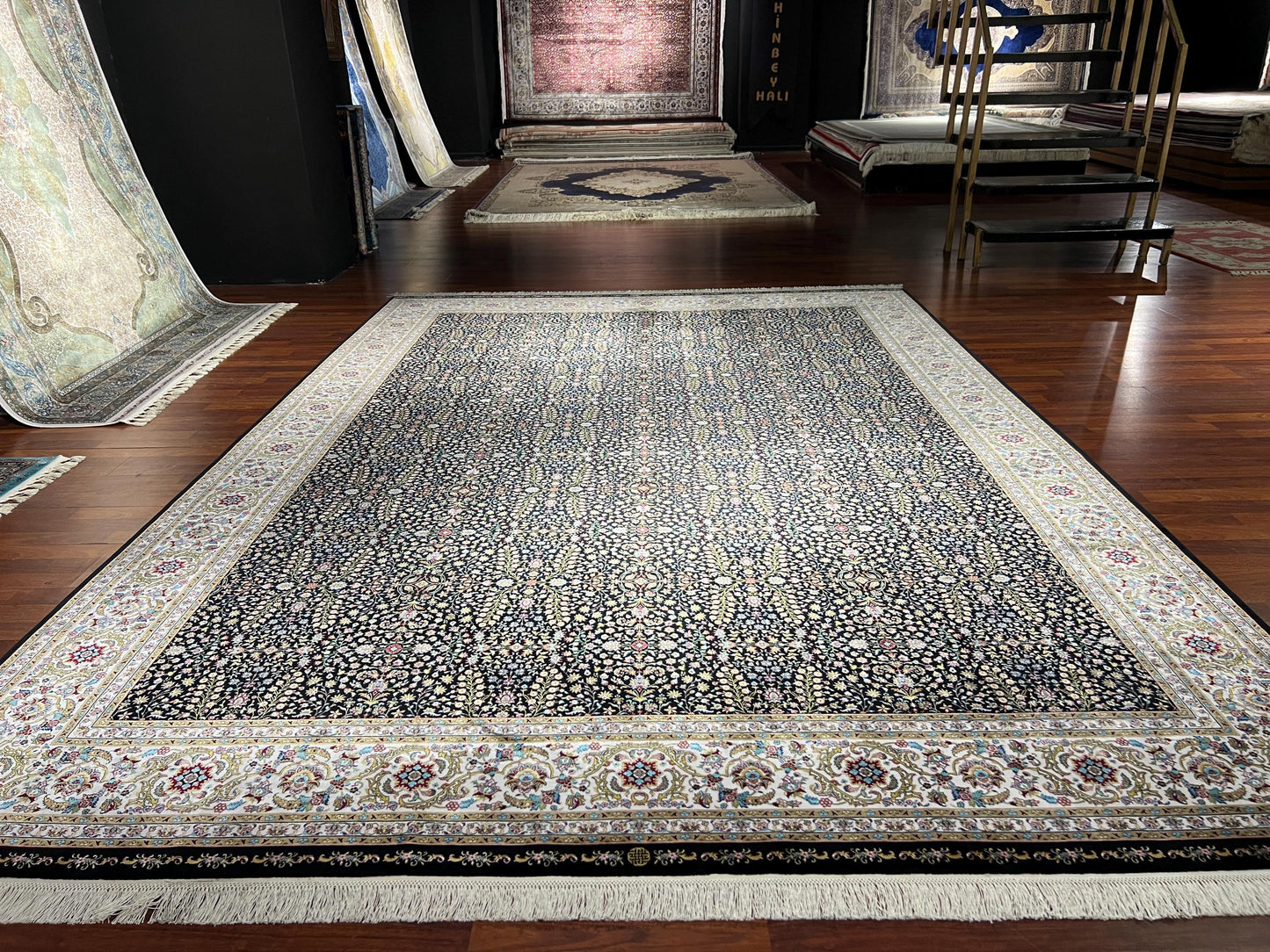 8x11 ft Black Floral Modal Silk Rug Luxury Classic Pattern Large Area Rug Elegant Living Room Decor