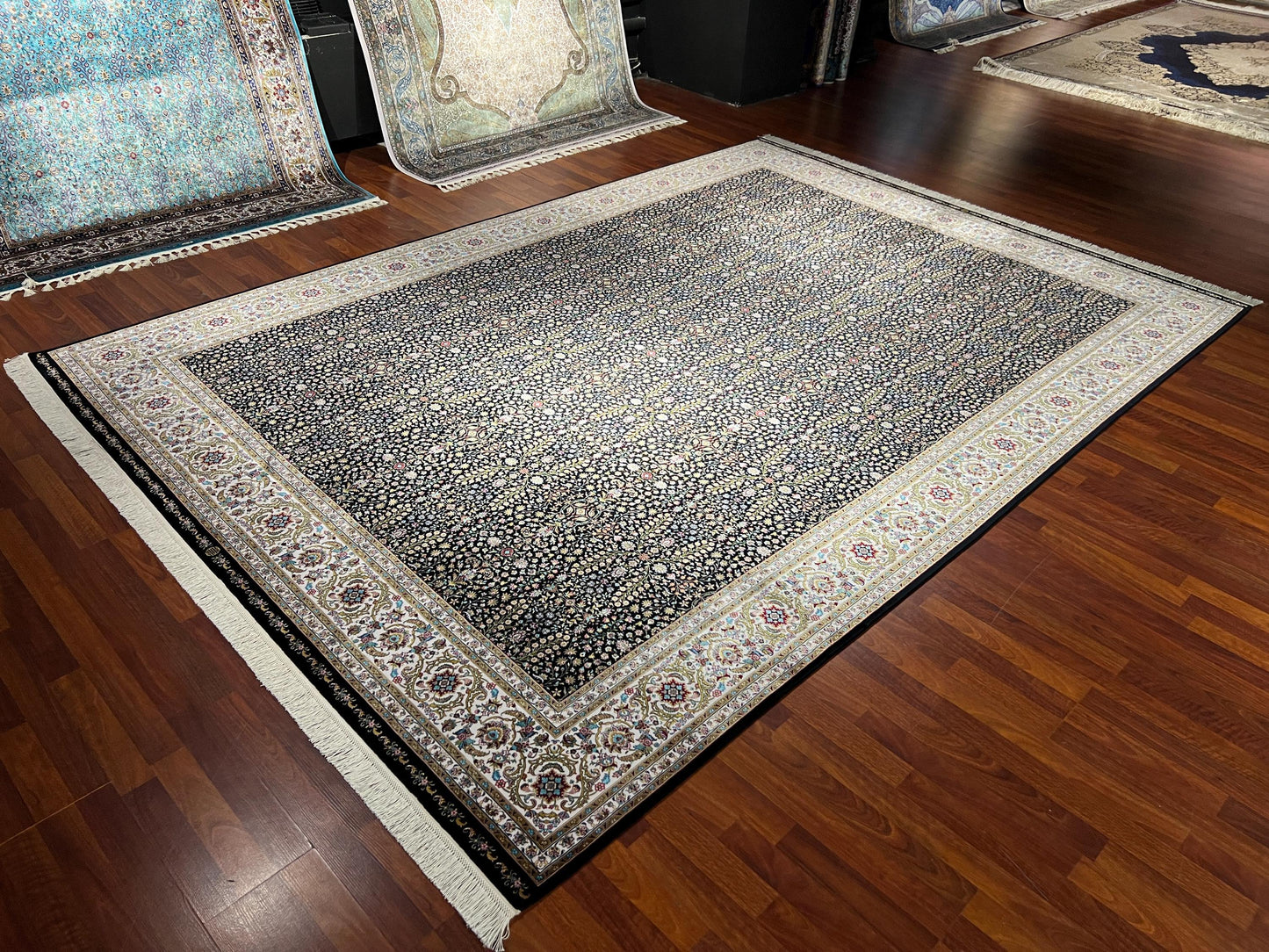 8x11 ft Black Floral Modal Silk Rug Luxury Classic Pattern Large Area Rug Elegant Living Room Decor