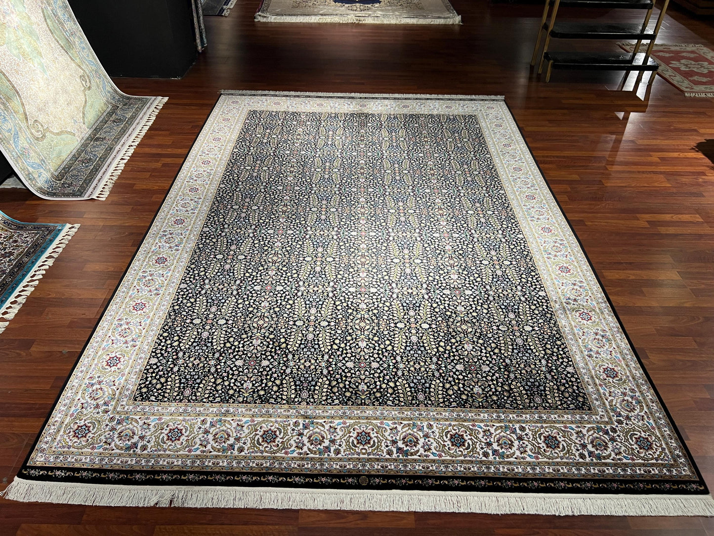 8x11 ft Black Floral Modal Silk Rug Luxury Classic Pattern Large Area Rug Elegant Living Room Decor