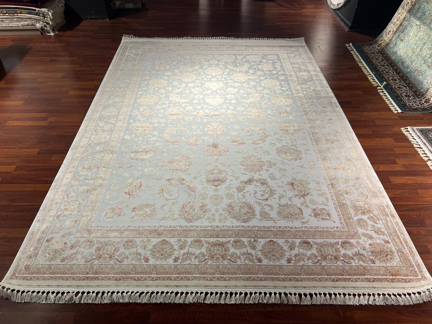 8x11 ft Light Blue Floral Modal Silk Rug Luxury Classic Pattern Large Area Rug Elegant Living Room Decor