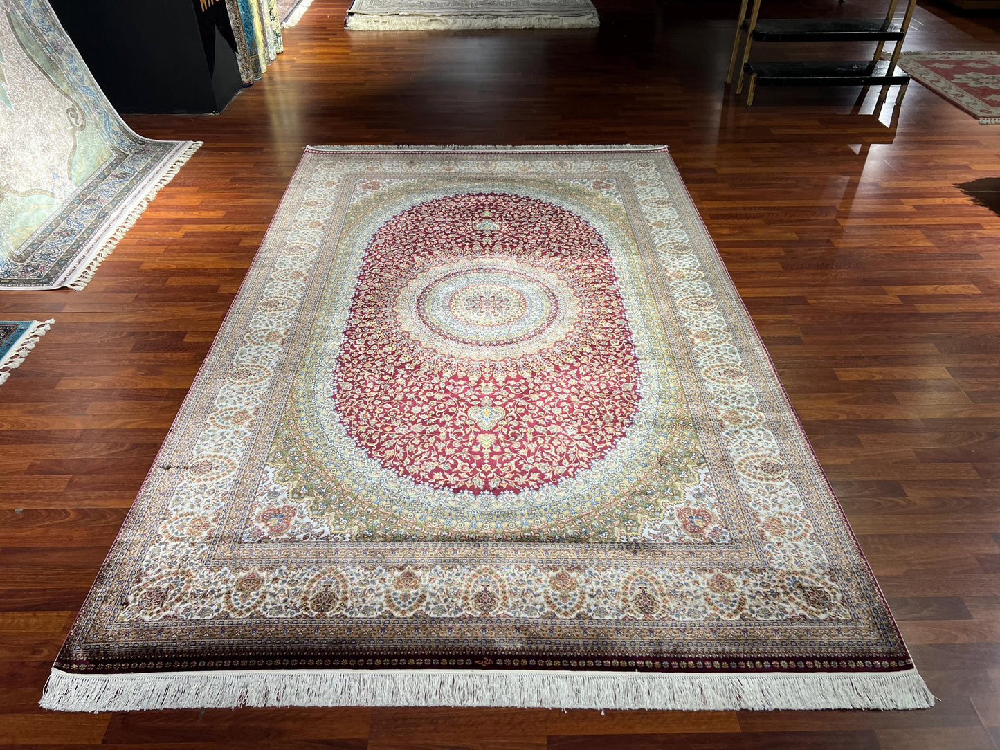 7x10 ft Red Medallion Silk Rug Luxury Classic Floral Area Rug Elegant Living Room Decor