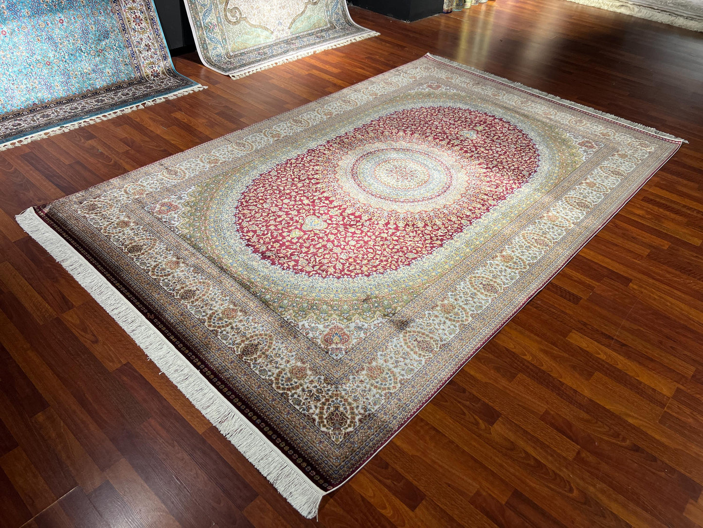 7x10 ft Red Medallion Silk Rug Luxury Classic Floral Area Rug Elegant Living Room Decor