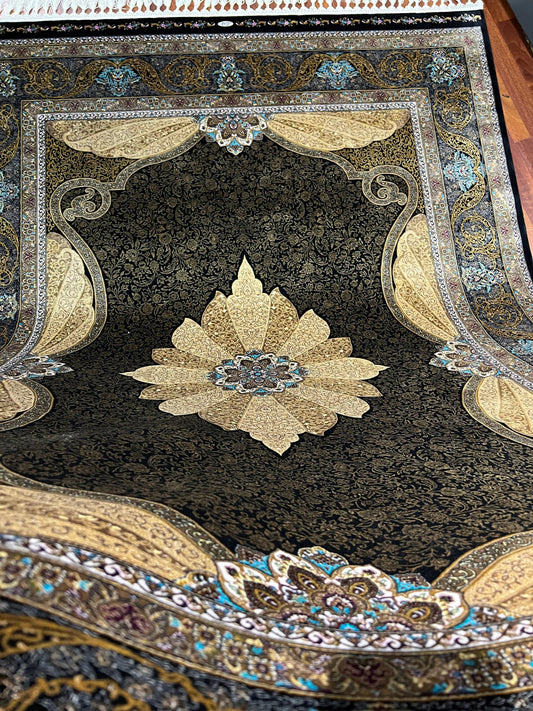6x9 ft Black Gold Silk Rug Luxury Floral Medallion Area Rug Elegant Classic Living Room Carpet Decor