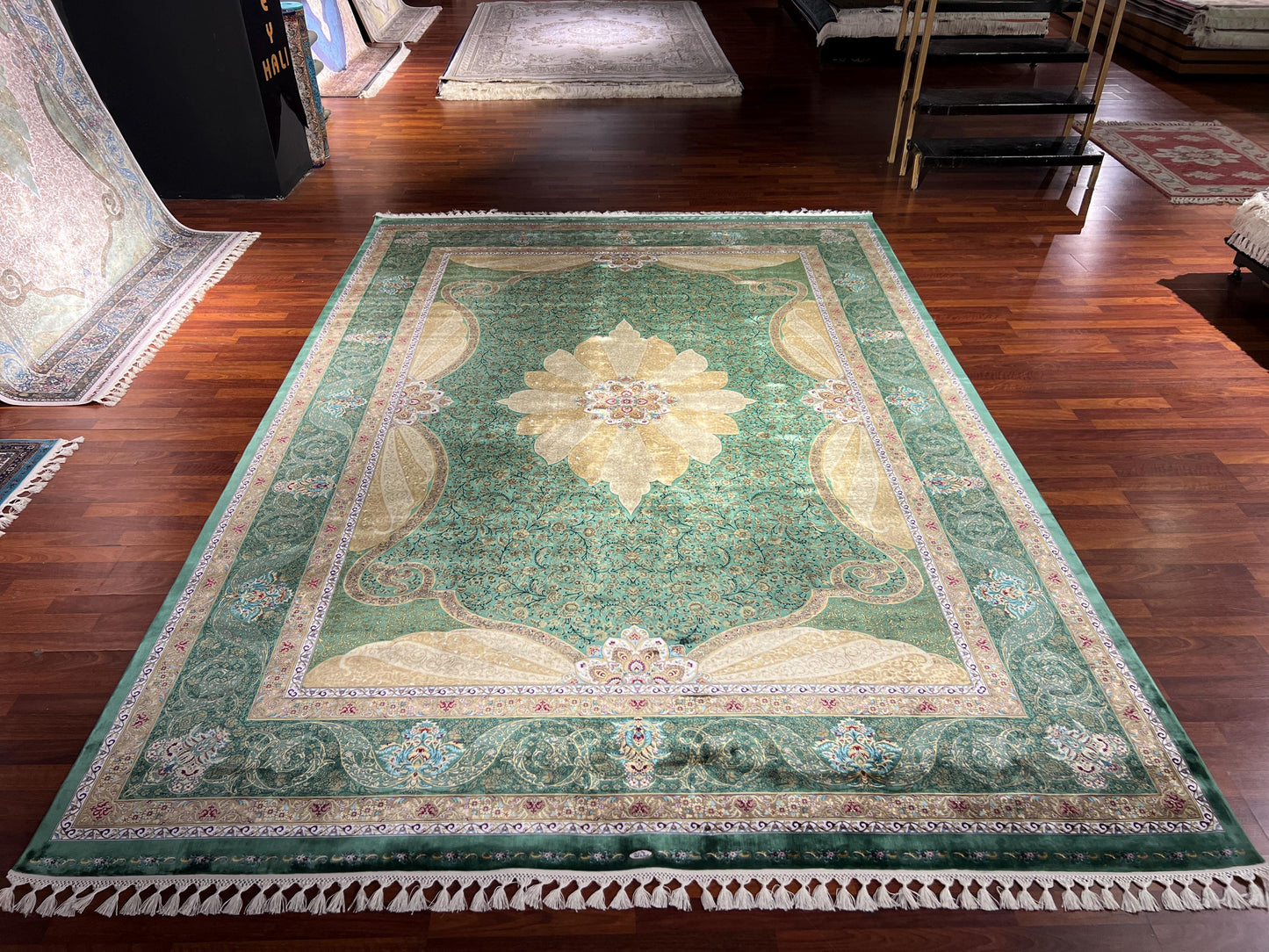 6x9 ft Green Gold Silk Rug Luxury Floral Medallion Traditional Area Rug Elegant Living Room Carpet