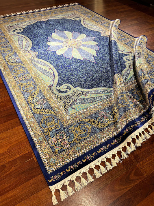 6x9 ft Blue Silk Rug Luxury Floral Medallion Traditional Area Rug Elegant Living Room Carpet
