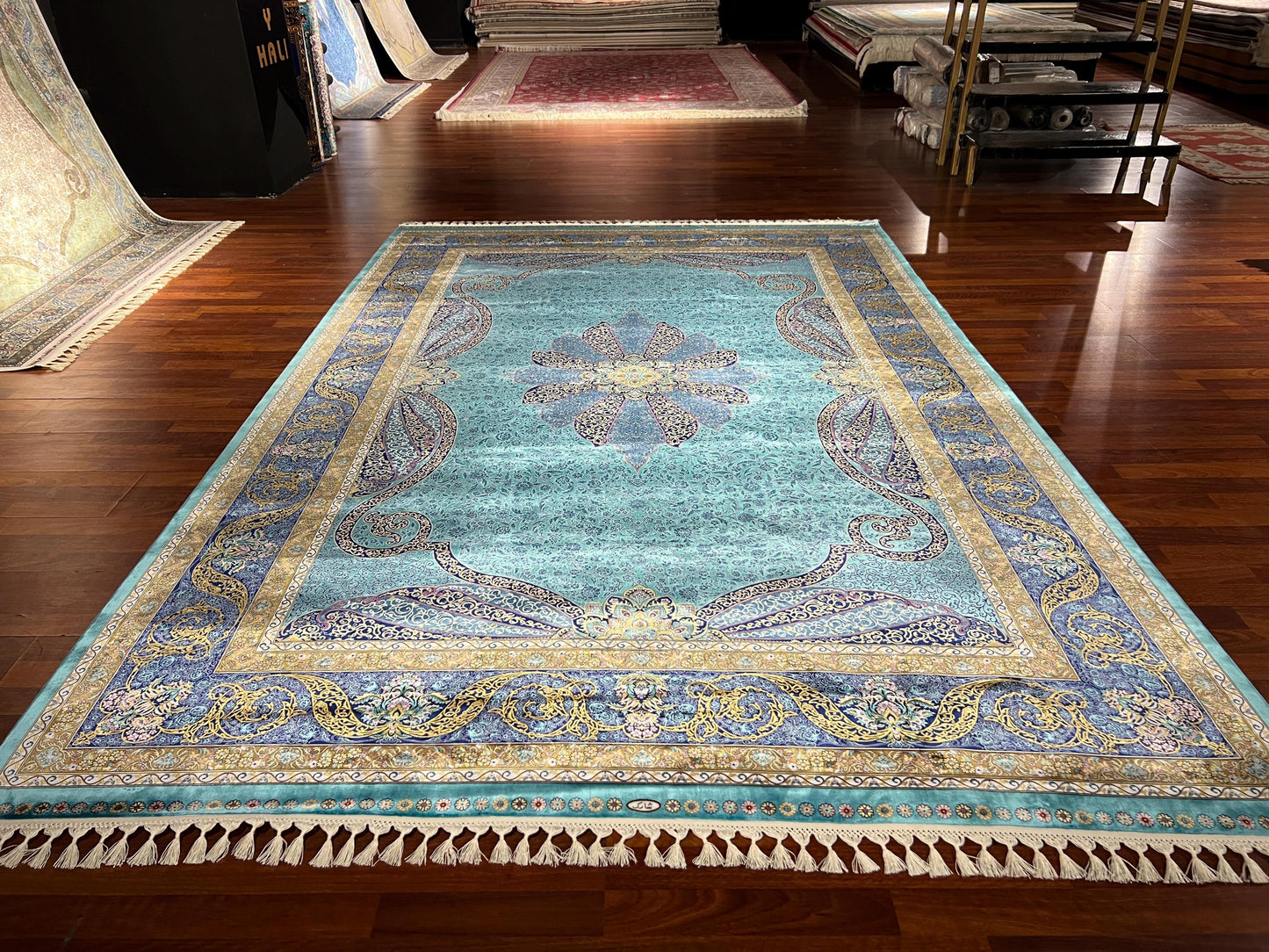 6x9 ft Blue Turquoise Silk Rug Luxury Floral Medallion Traditional Area Rug Living Room Carpet
