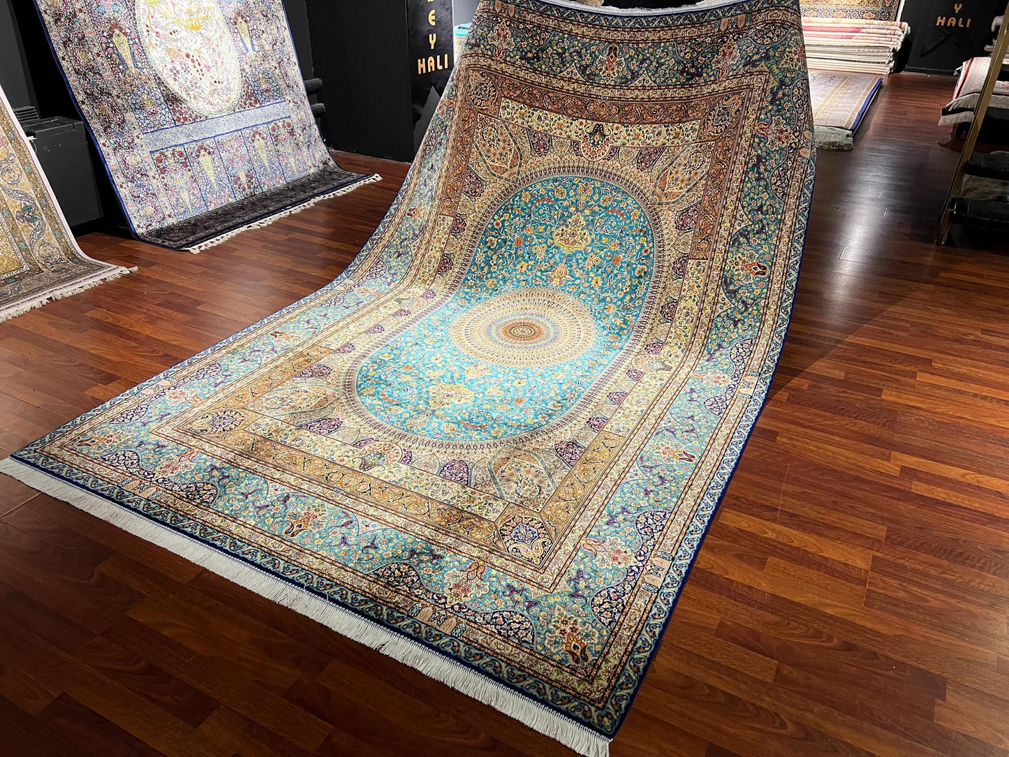 7x10 ft Blue Medallion Silk Rug Large Luxury Traditional Silk Carpet Living Room Area Rug