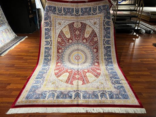 5x8 ft Red Blue Medallion Silk Rug Luxury Traditional Silk Carpet Living Room Area Rug