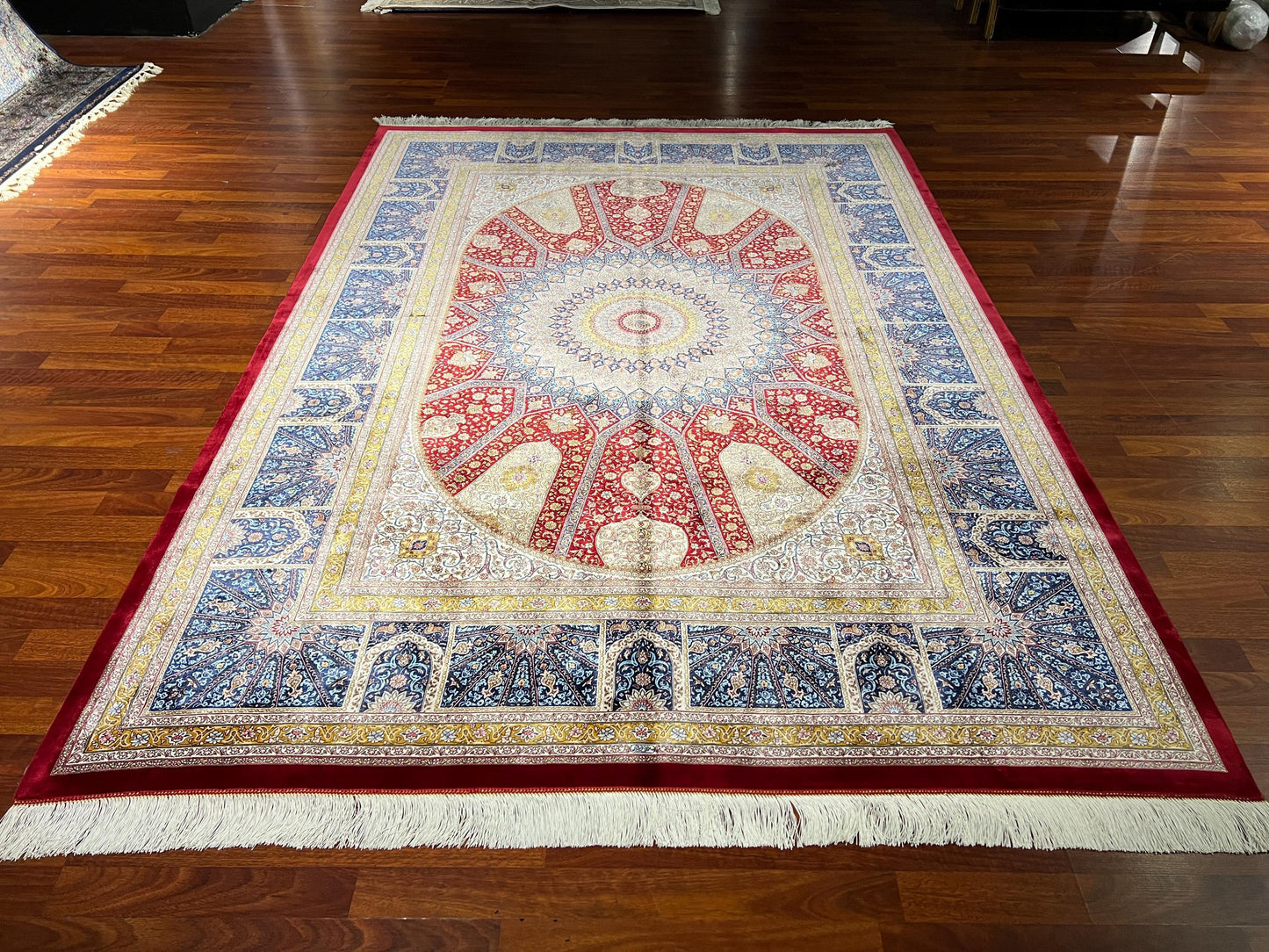 5x8 ft Red Blue Medallion Silk Rug Luxury Traditional Silk Carpet Living Room Area Rug