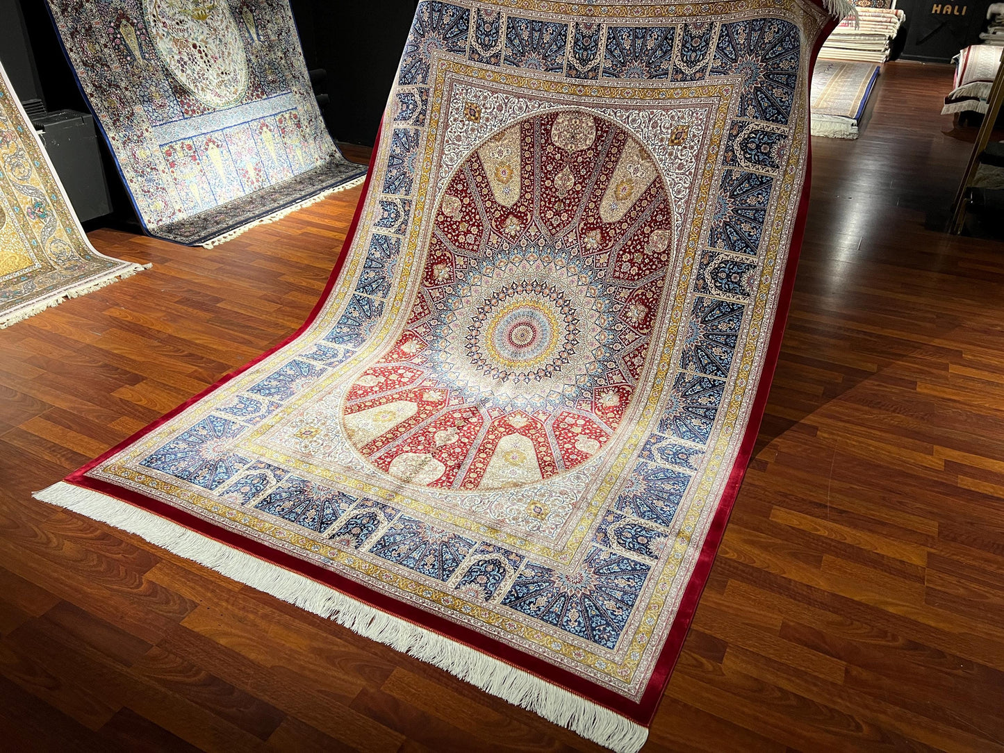 5x8 ft Red Blue Medallion Silk Rug Luxury Traditional Silk Carpet Living Room Area Rug