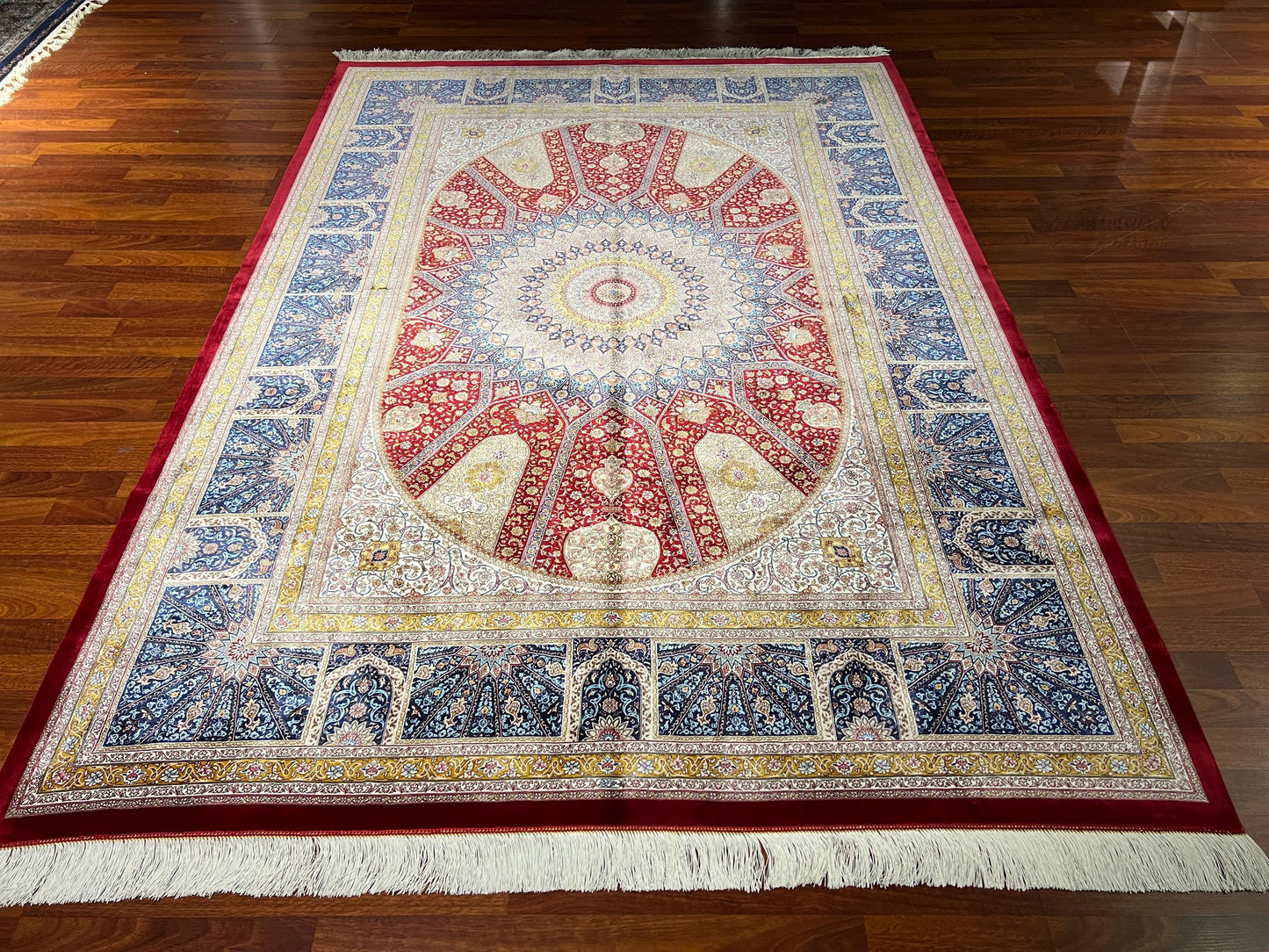 5x8 ft Red Blue Medallion Silk Rug Luxury Traditional Silk Carpet Living Room Area Rug