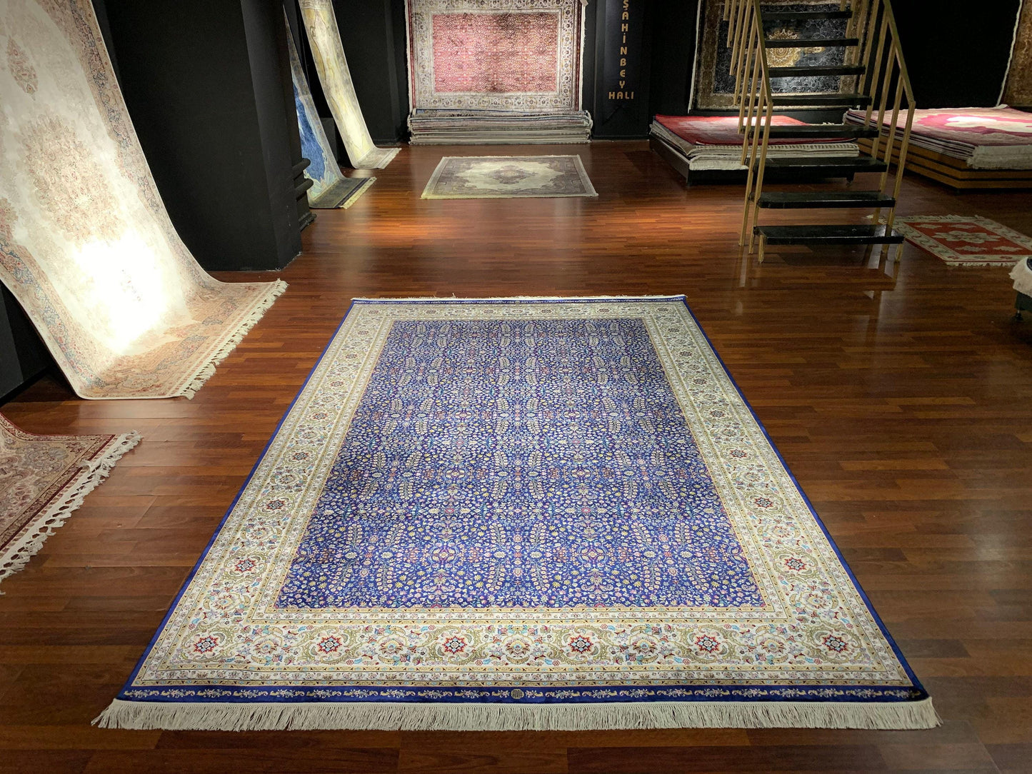 12x15 ft Blue Floral Silk Rug Luxury Oversize Silk Carpet Large Living Room Area Rug