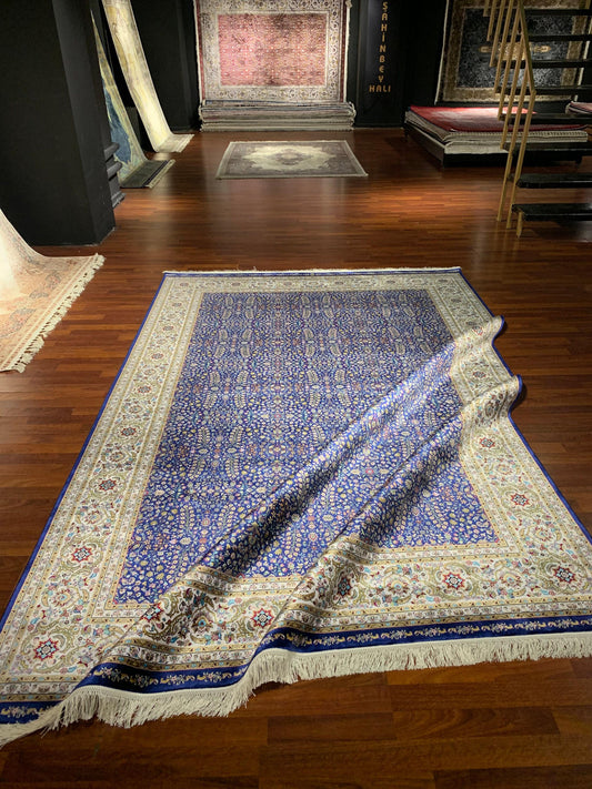 12x15 ft Blue Floral Silk Rug Luxury Oversize Silk Carpet Large Living Room Area Rug