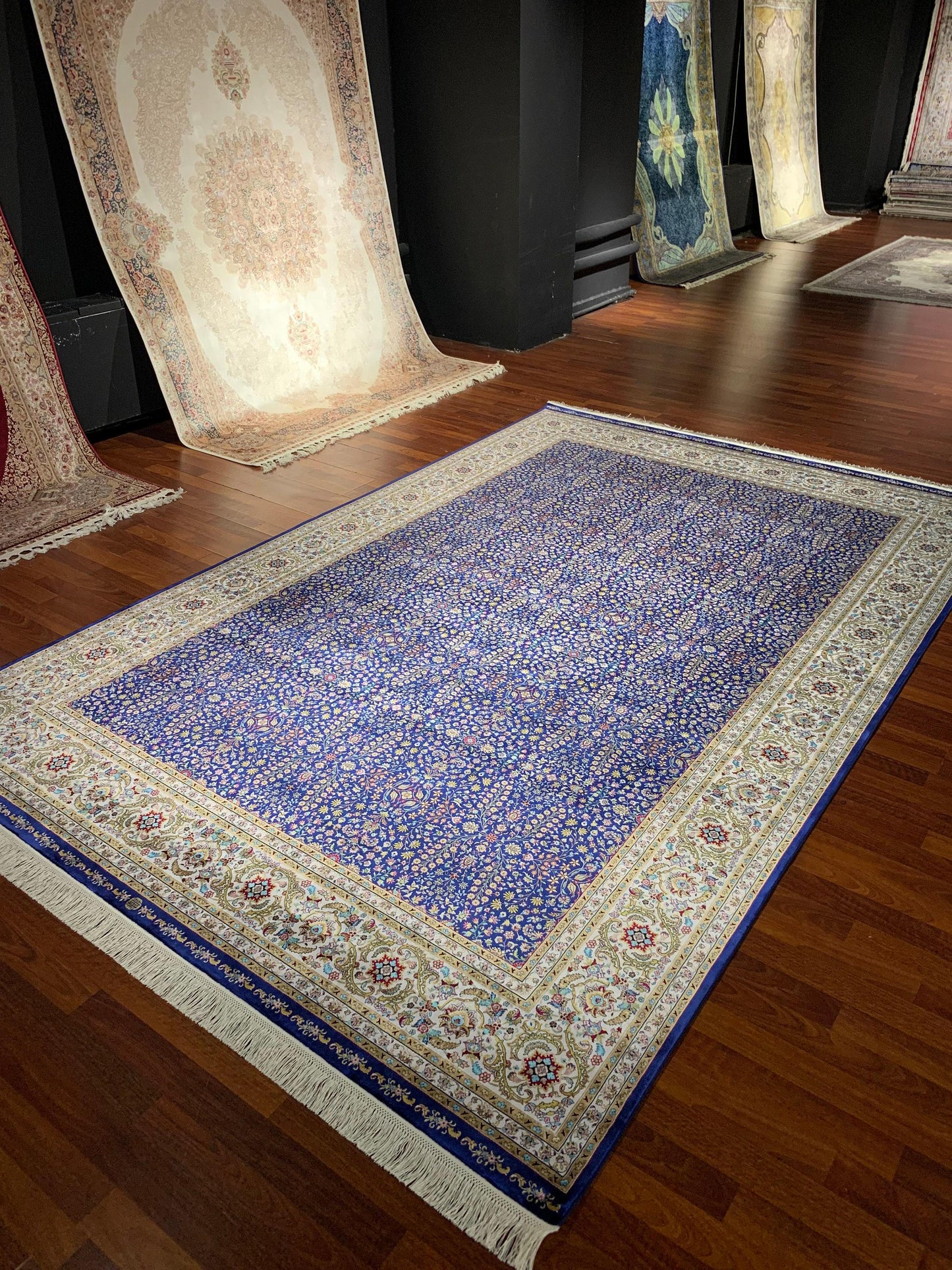 12x15 ft Blue Floral Silk Rug Luxury Oversize Silk Carpet Large Living Room Area Rug