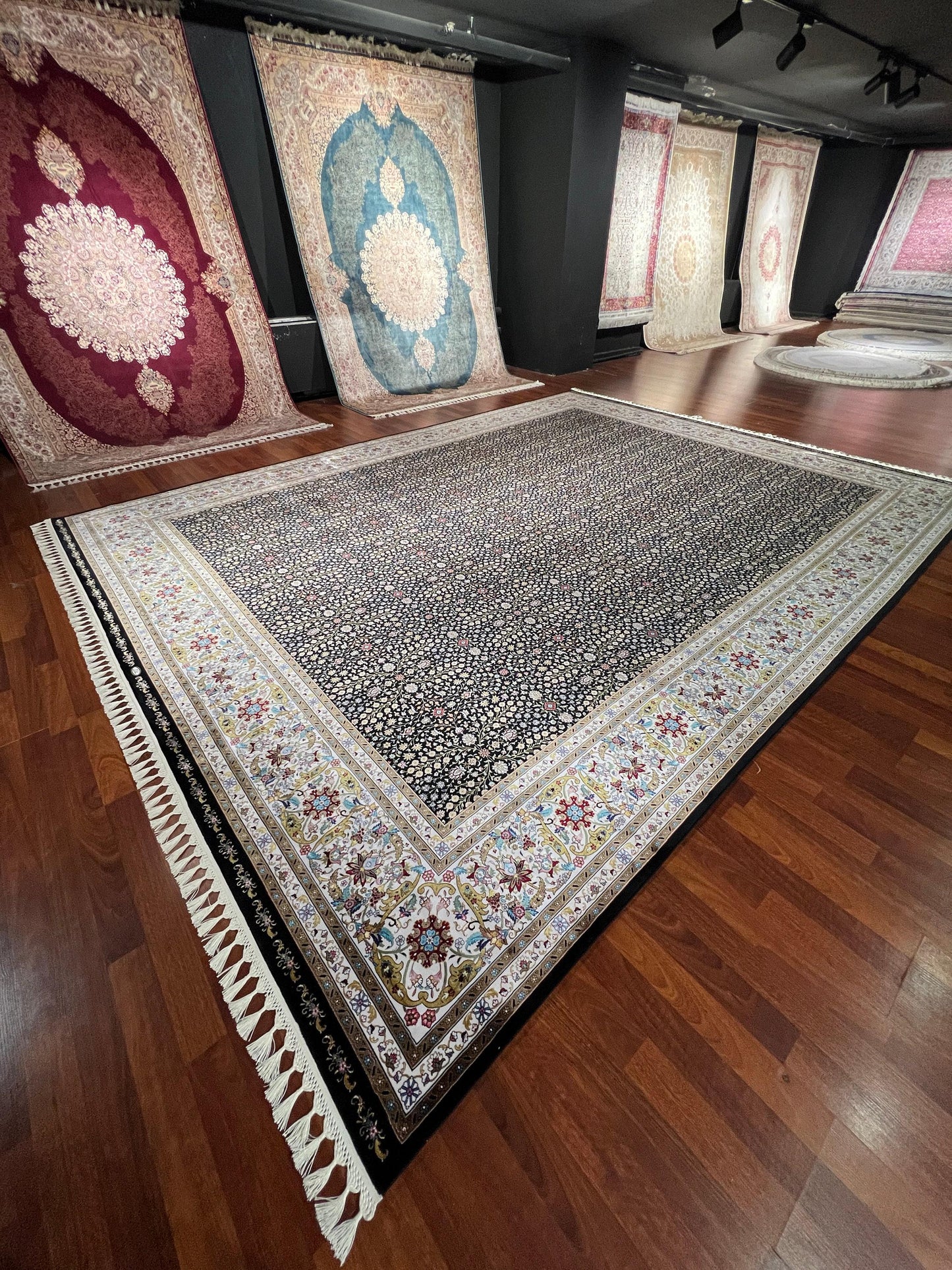 12x15 ft Black Floral Silk Rug Luxury Oversize Silk Carpet Large Living Room Area Rug