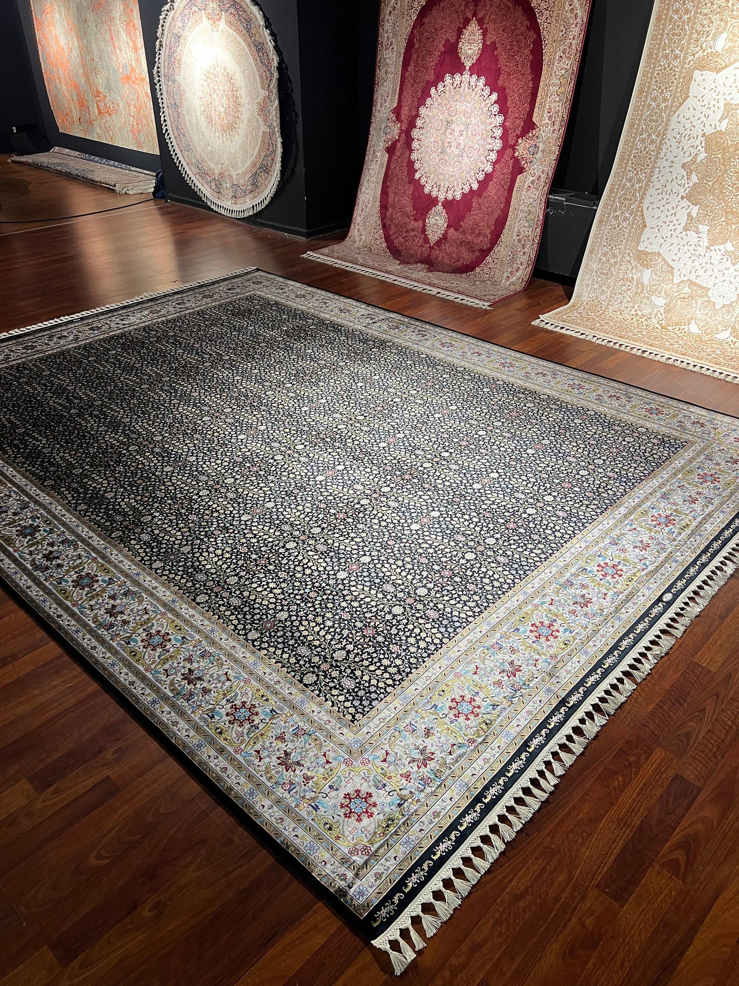 12x15 ft Black Floral Silk Rug Luxury Oversize Silk Carpet Large Living Room Area Rug