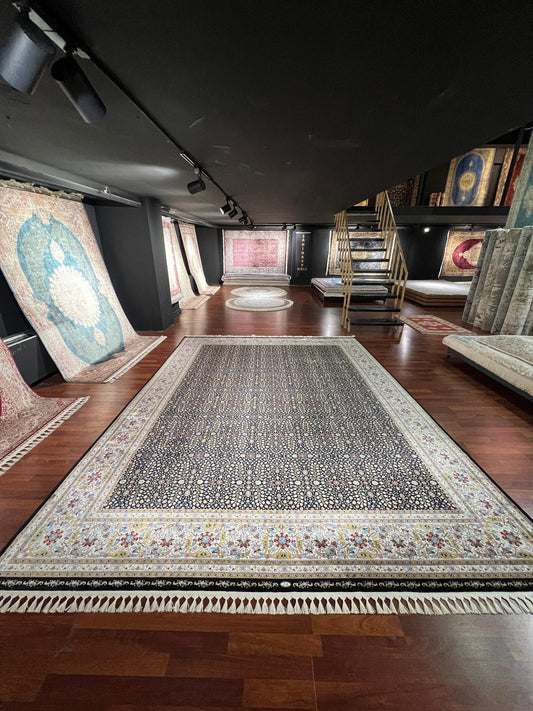 12x15 ft Black Floral Silk Rug Luxury Oversize Silk Carpet Large Living Room Area Rug