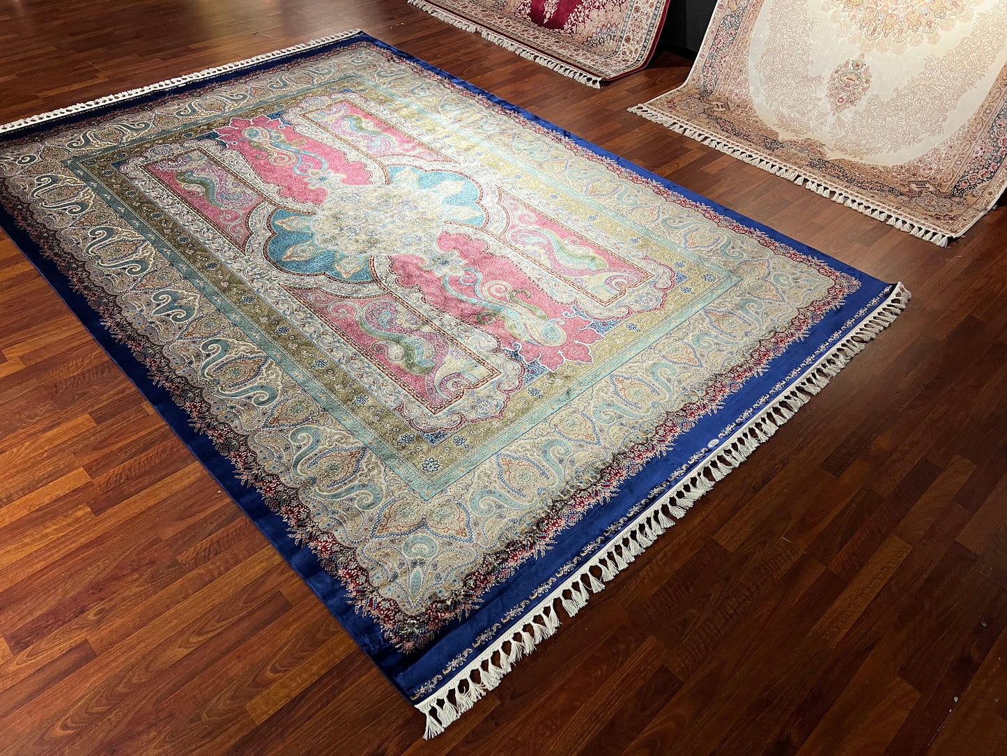 8x11 ft Pink Blue Silk Rug Large Luxury Medallion Area Rug Elegant Living Room Decorative Silk Carpet