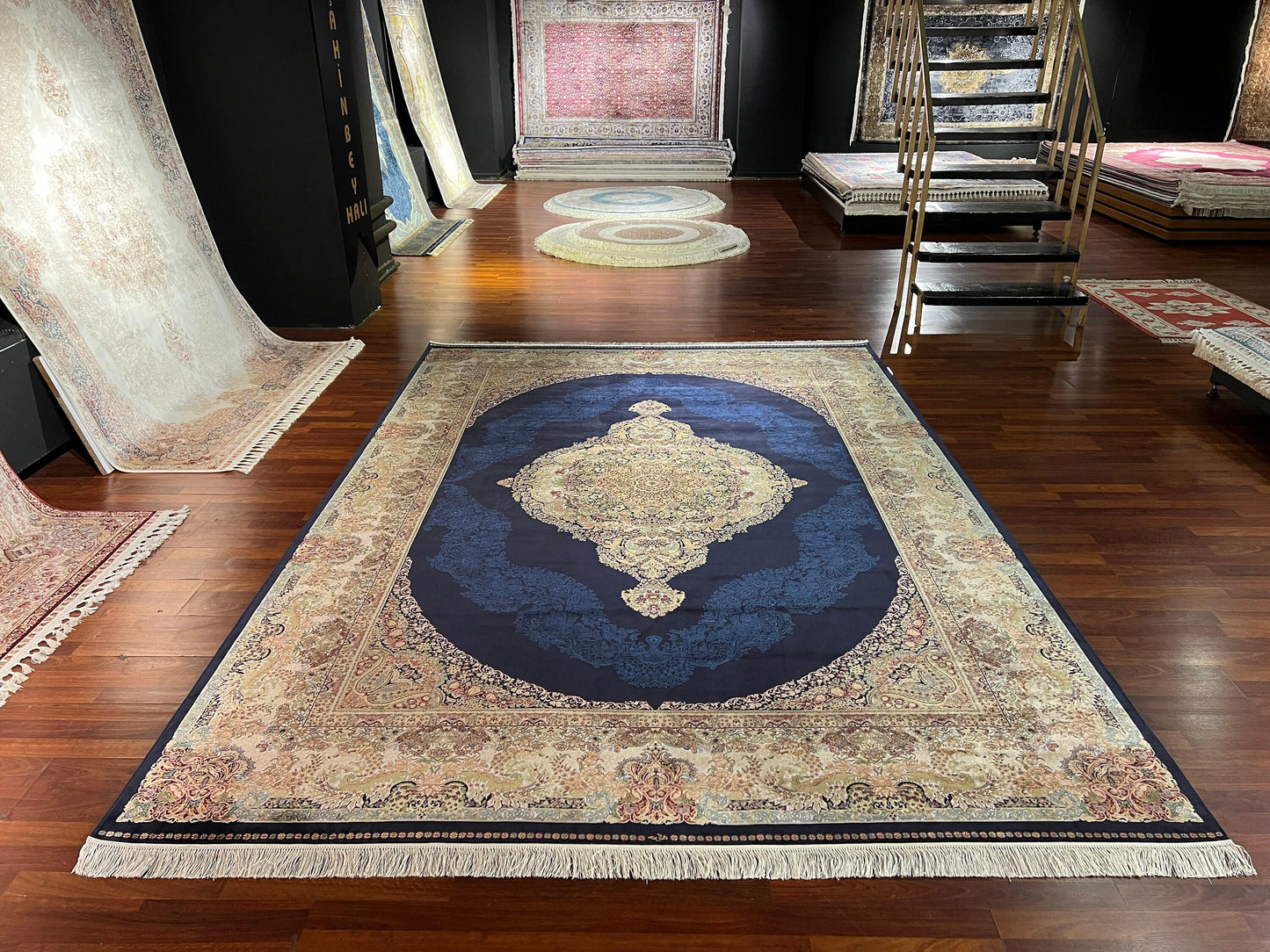 8x11 ft Blue Bamboo Silk Medallion Rug Luxury Oversized Living Room Area Rug Elegant Palace Style Carpet